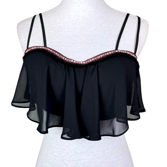 Bebe Black Tribal Embroidered with Black Fringe Bustier Top with Sheer Overlay - Picture 2 of 10